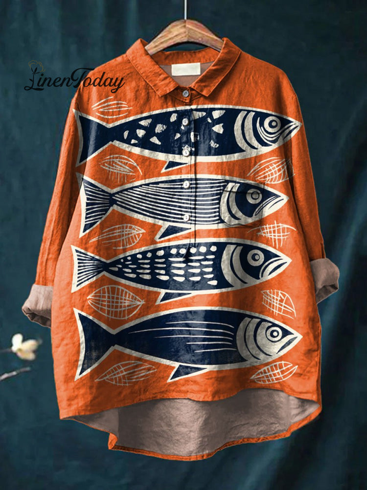 Vintage Lovely Fish Art Print Casual Cotton And Linen Shirt Multicolor / S