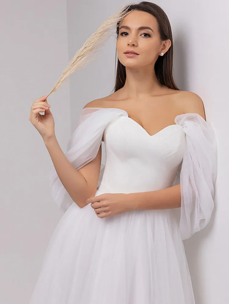 Simple V Neck A Line Tulle Bride Dress Long Wedding for Beach Gowns