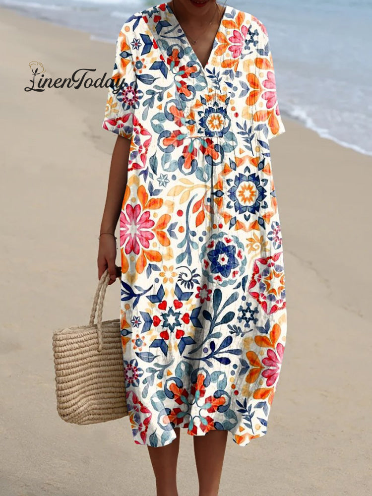 Women&rsquo;s Colorful Watercolor Vintage Floral Print Pocket Linen Dress Multicolor / S