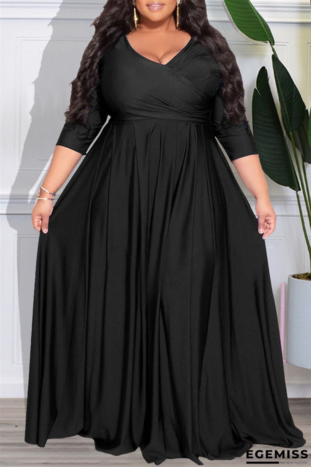 Black Casual Solid Patchwork V Neck Long Sleeve Plus Size Dresses | EGEMISS