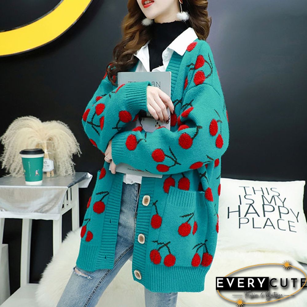 VANGULL Brand Women Fruit Printting Knitted Sweater Cardigans Single Breasted Long Sleeve Korean Style Loose Sweater Tops