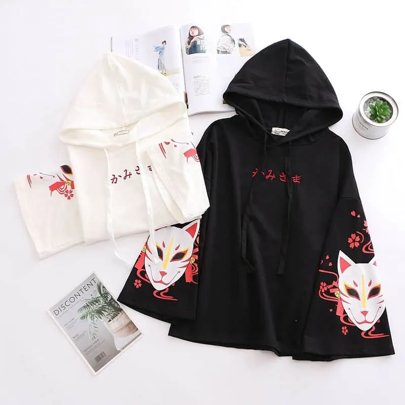 NiceMix Girl Loose Hooded Long sleeve Sweatshirt Harajuku Kawaii Vintage Fushimi Inari Shrine Fox Printed Hoodies Leisure Pullov