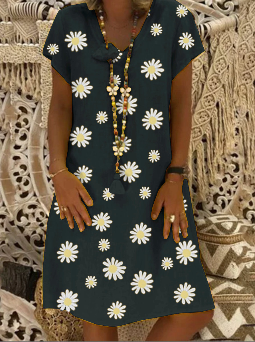 Elegant Bohemian Casual V Neck Short Sleeve Daisy Print Dress