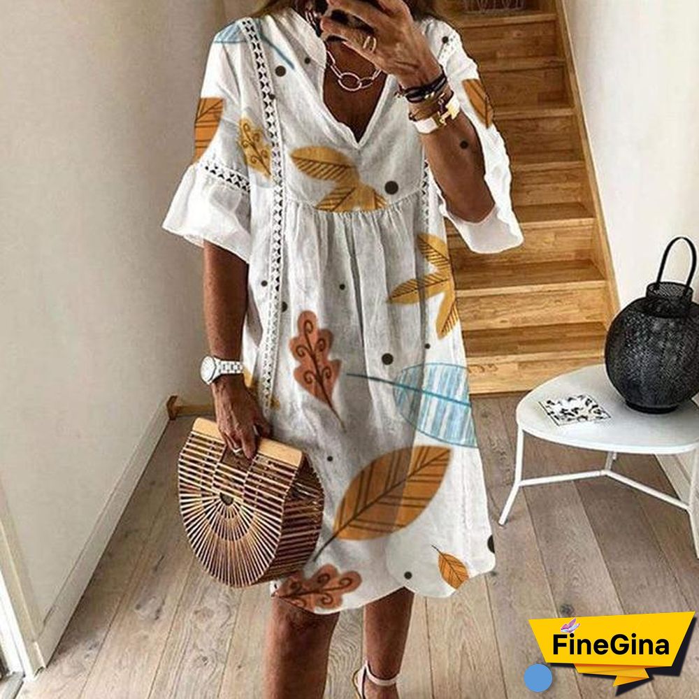 Women Sexy Hollow Out V-neck Mini Dress Floral Print Patchwork Dress Casual Beach Dress