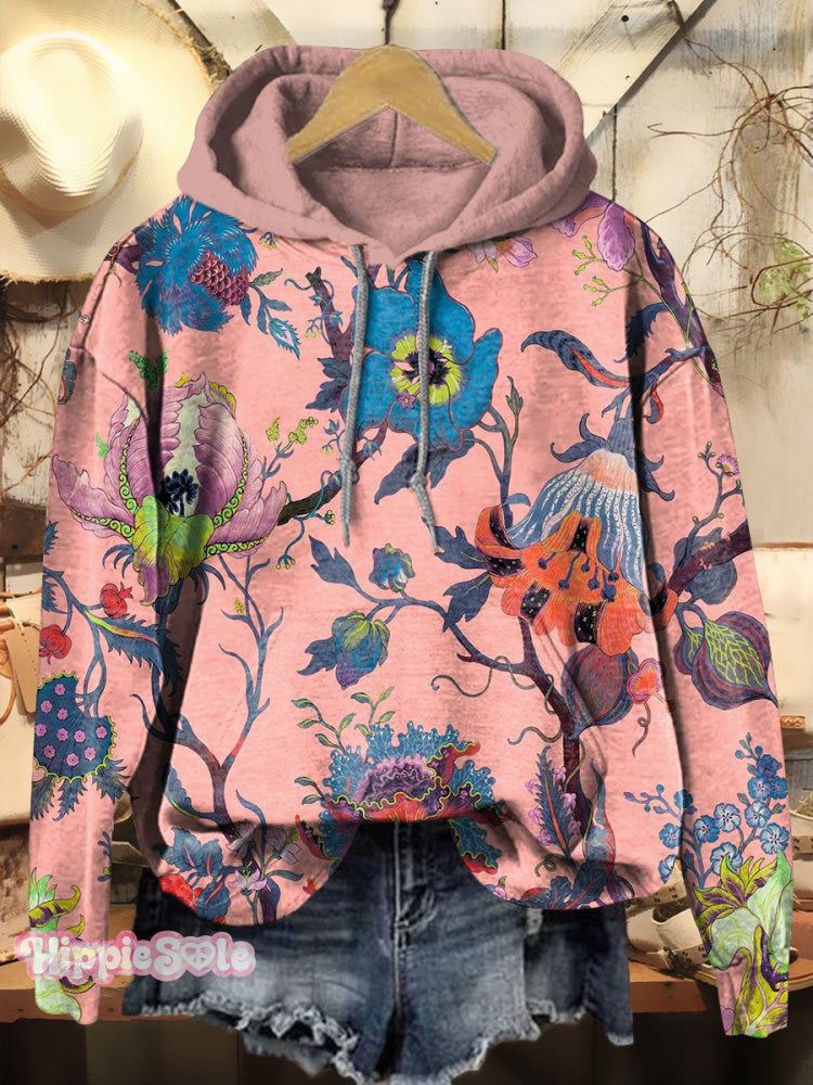 Retro Flower Print Casual Hoodie Sweatshirt Multicolor / S