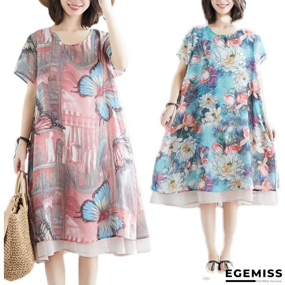 Loose Slimming Plus Extra-large Size Chiffon Short Sleeve Dress for Middle-aged Women | EGEMISS