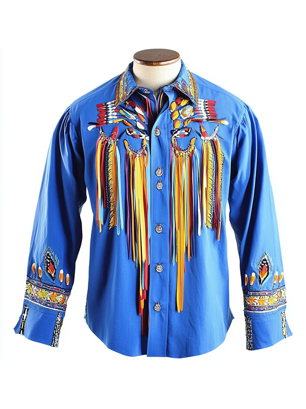 Blue Native American Long Sleeve Ribbon Shirt