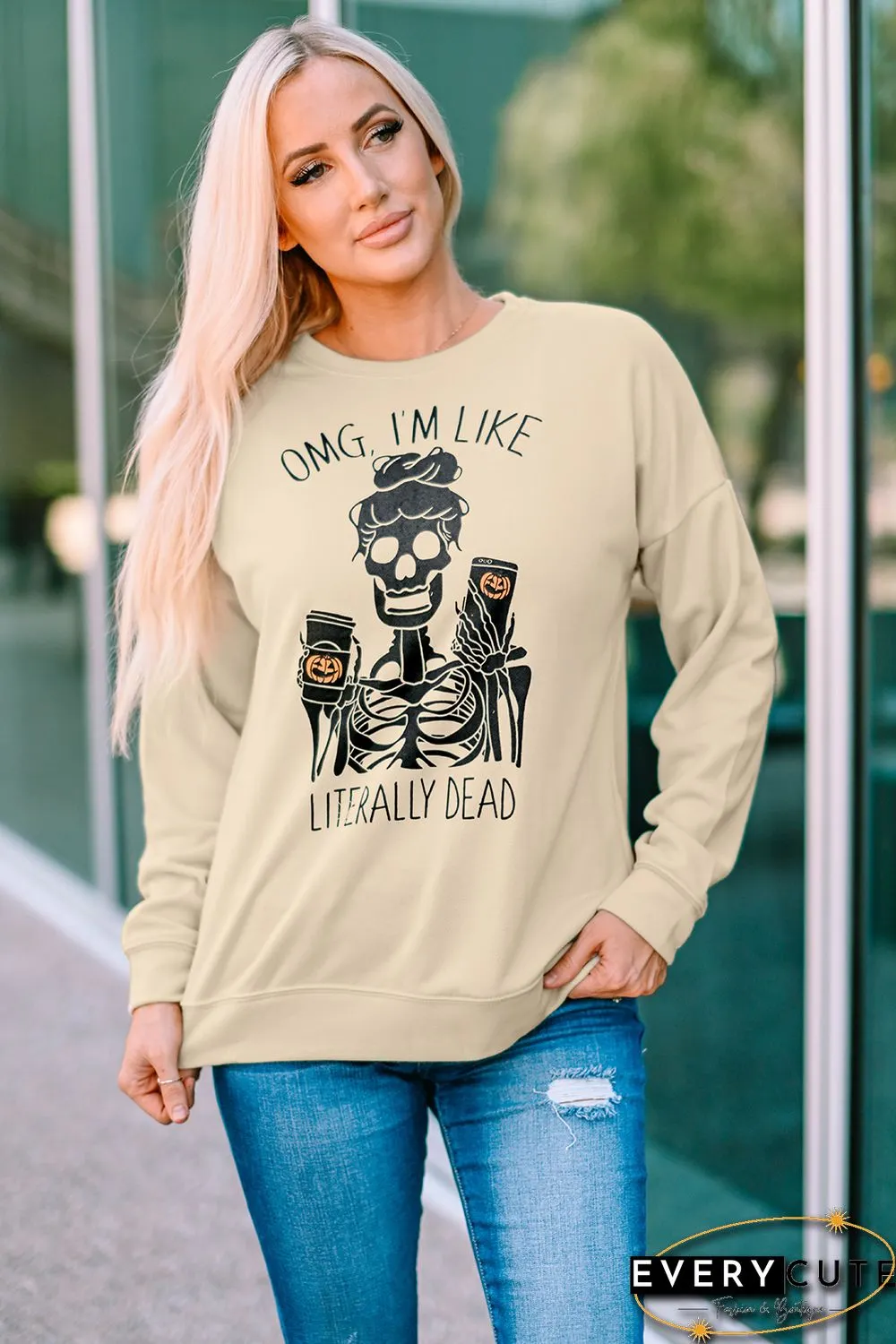 Halloween Skeleton Letter Print Crew Neck Pullover Sweatshirt