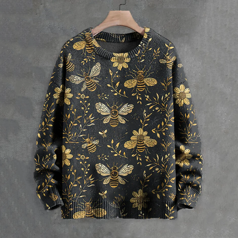 Men's Bees And Flowers Botanical Art Print Casual Knit Crew Neck Sweater  artssus