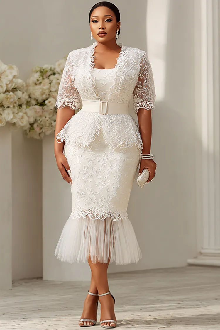 Xpluswear Design Plus Size Formal White Short Sleeve Mermaid See Through Lace Two Piece Dress Set [Pre-Order] 2024 - Xpluswear