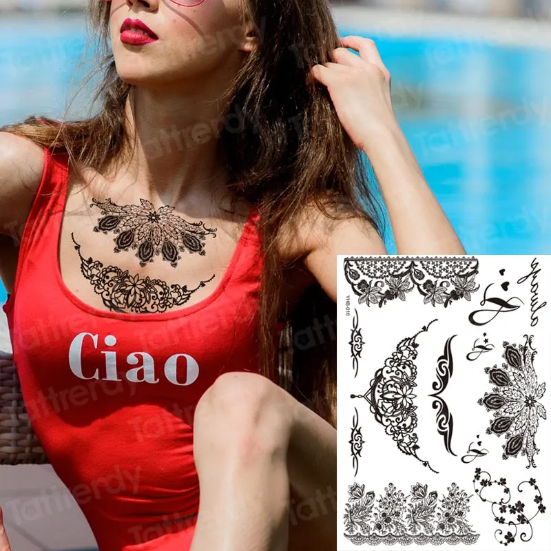 stockings tattoo legs black henna lace legging tatoo thigh hand rose flower jewelry stickers indian arabic water body decal