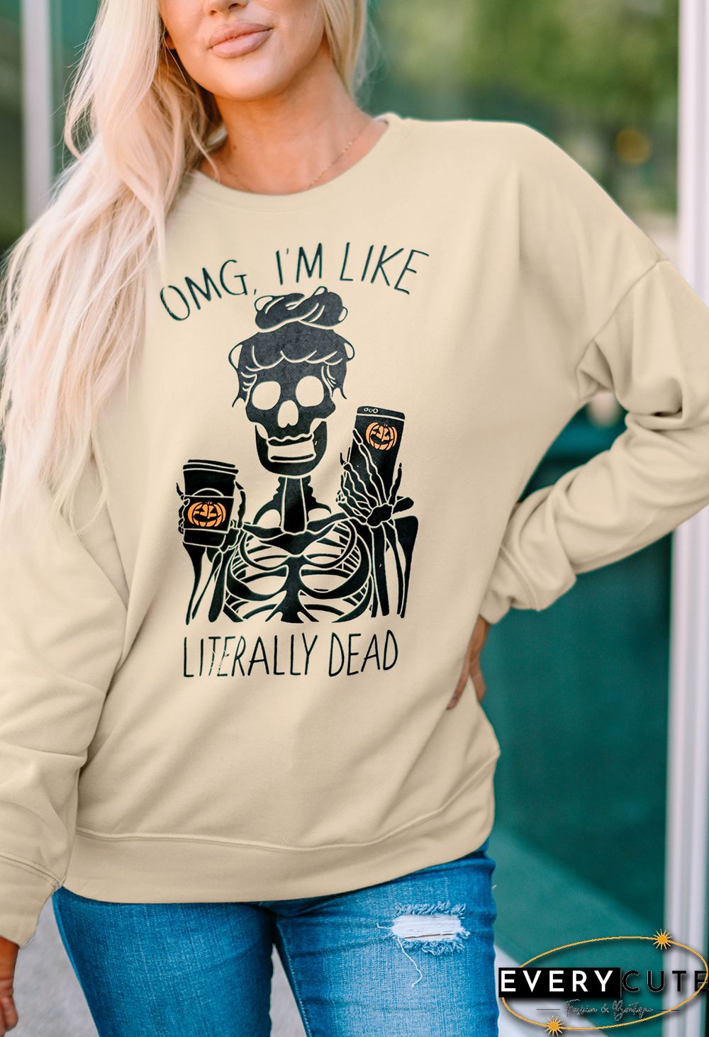 Halloween Skeleton Letter Print Crew Neck Pullover Sweatshirt