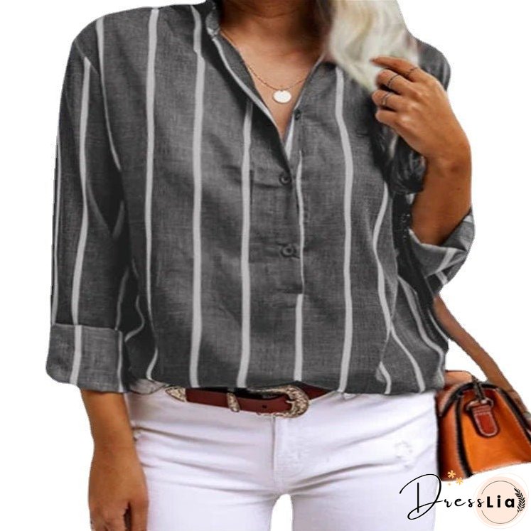 Women's Summer Shirt Striped Half Long Sleeve Blouses