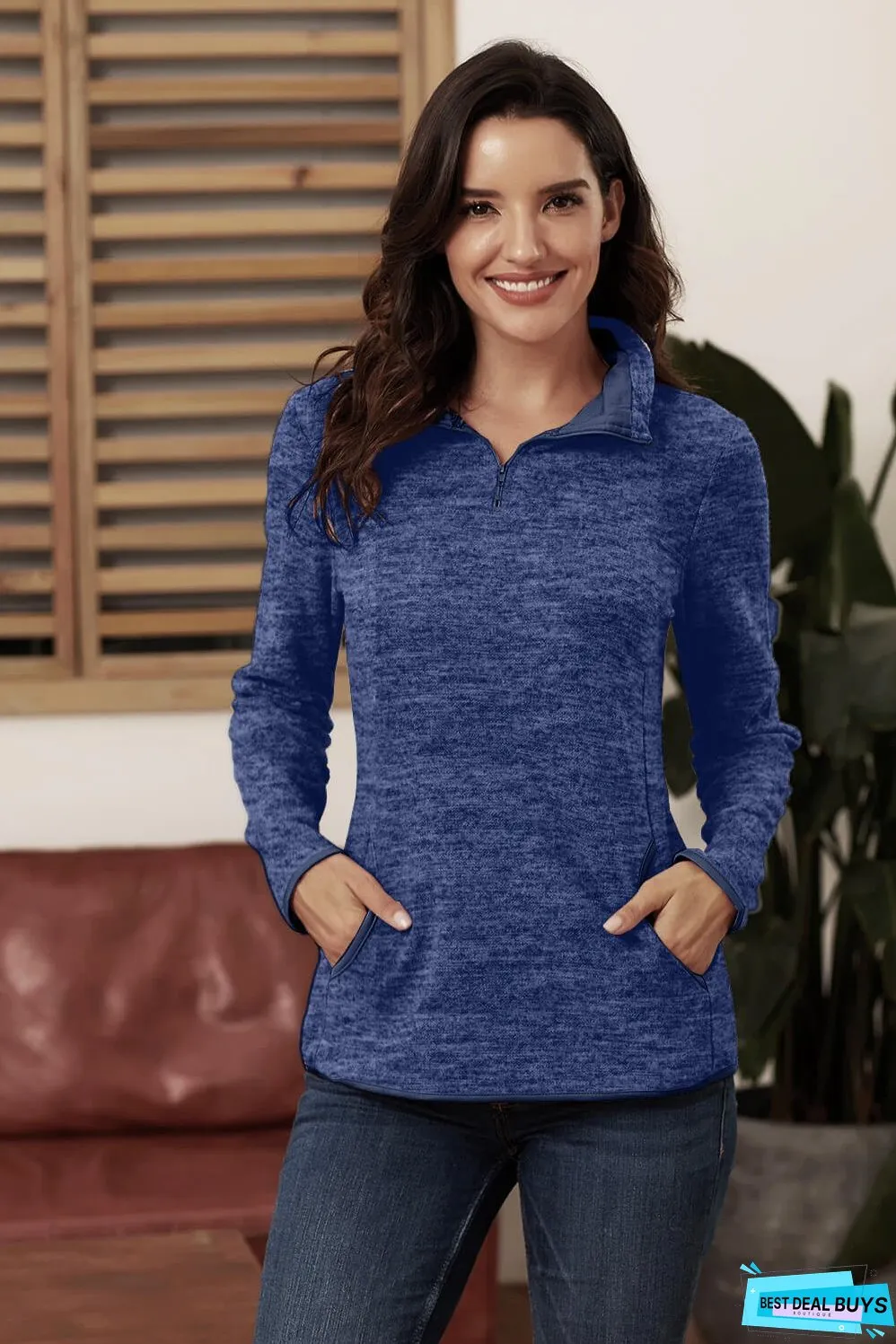 Casual Blue Quarter Zip Pullover Sweatshirt