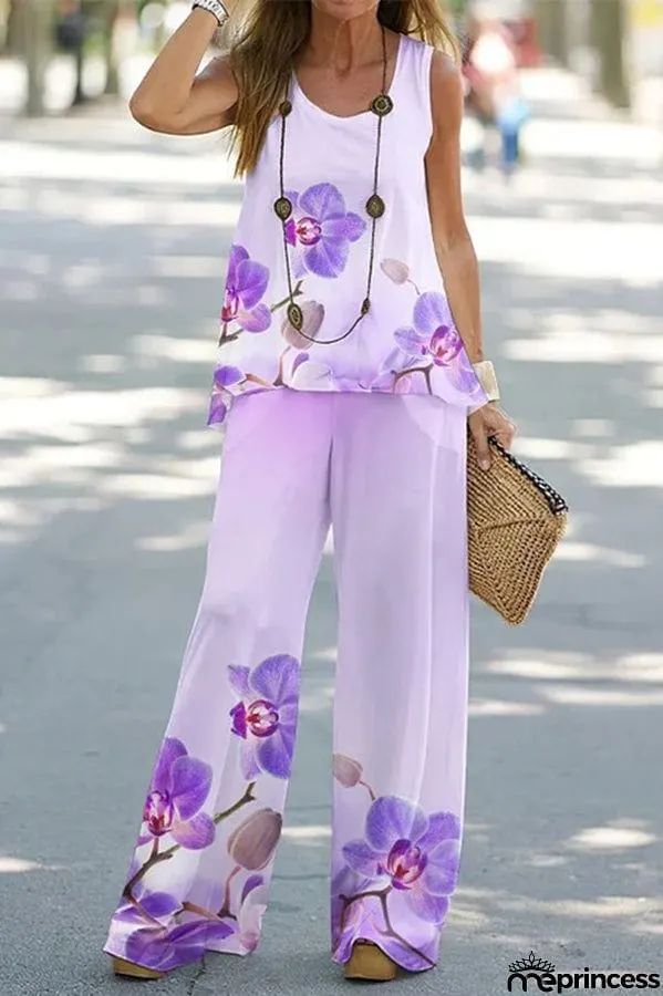 Simply Flourishing Printed Loose Tank and Wide Leg Pants Set