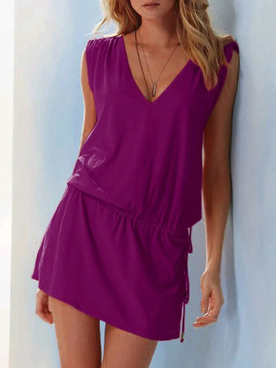Beach V-neck Slim Fit Solid Color Casual Dress