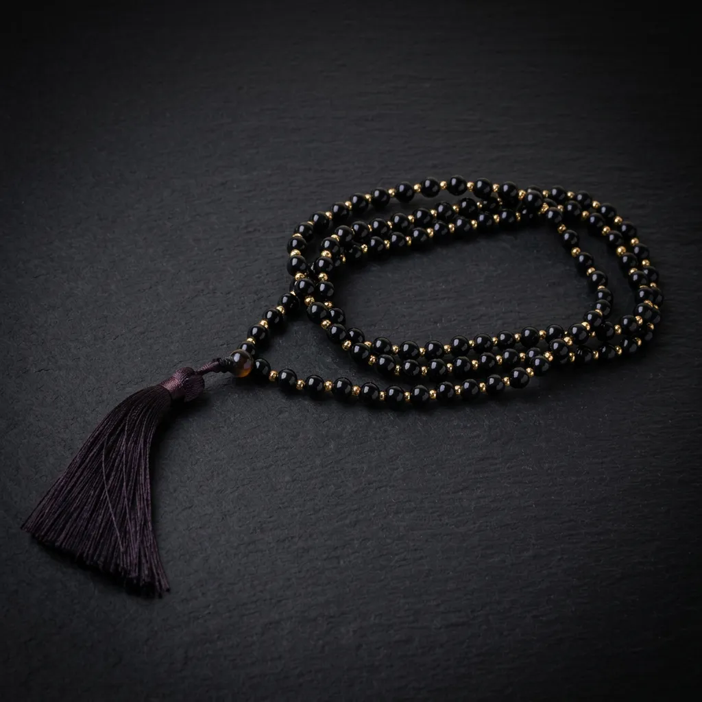 Midnight Aura | Natural Obsidian 108-Bead Mala Wrap Bracelet Midnight Obsidian & Gold Accents