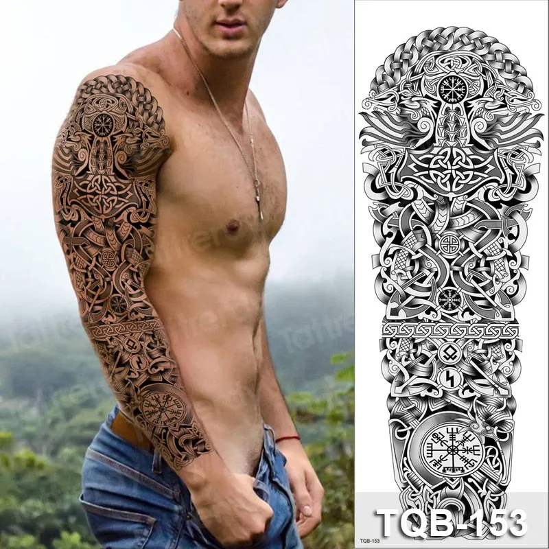 skull sleeve tattoo designs large full arm temporary tattoos for men boy tatoo fake waterproof tiger totem lion dragon pattern