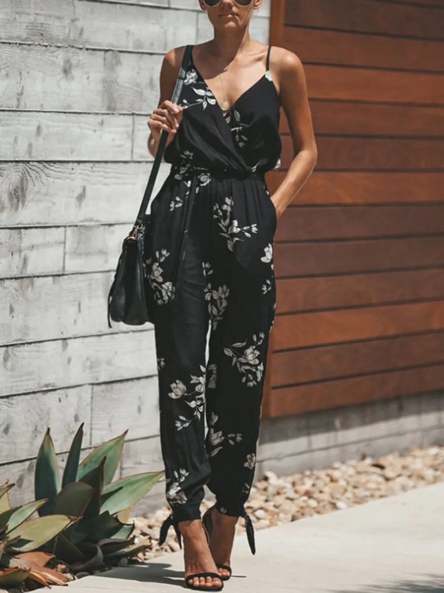 Strap V-Neck Tie Cuff Slimming Jumpsuits