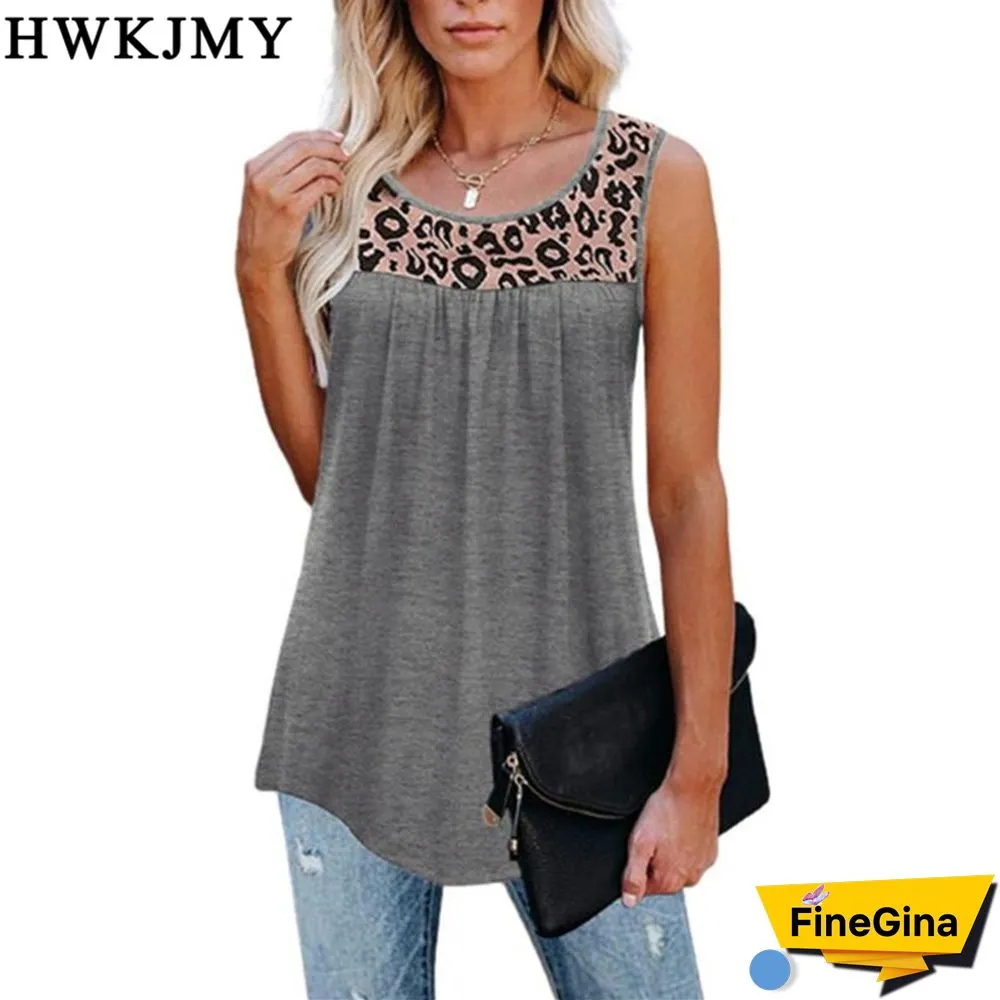 Summer Womens Fashion Casual O Neck Sleeveless Tops Leopard Printed Patchwork Camisole Loose Pleated Tank Tops Ladies Blouses