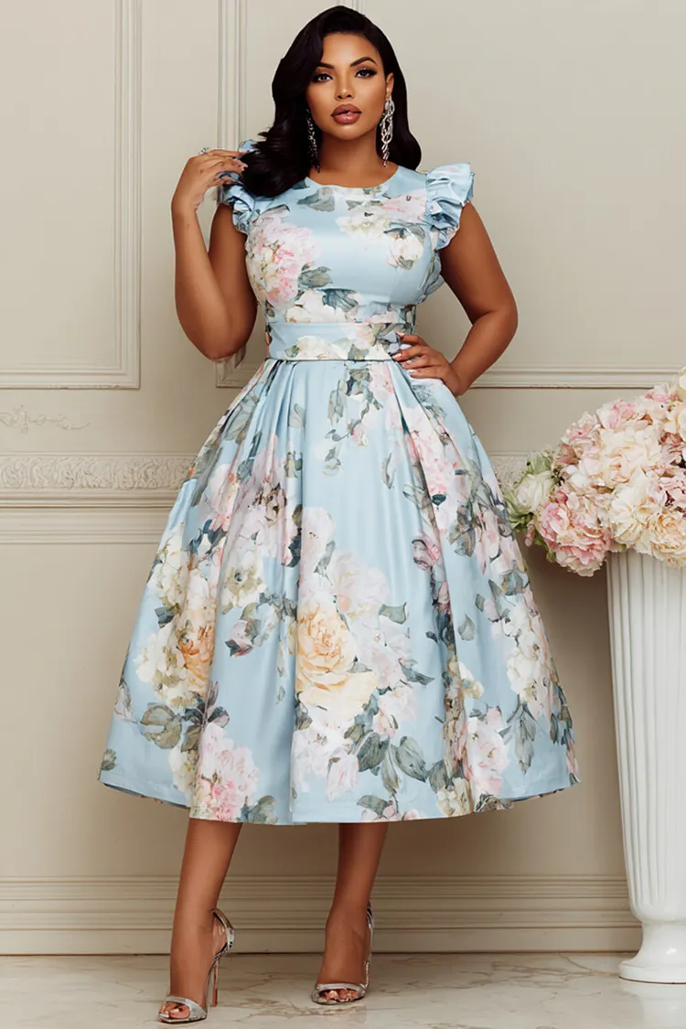 Xpluswear Design Plus Size Wedding Guest Blue Floral Round Neck Flutter Sleeve Pocket Ruffle Satin Midi Dresses 2024 - Xpluswear