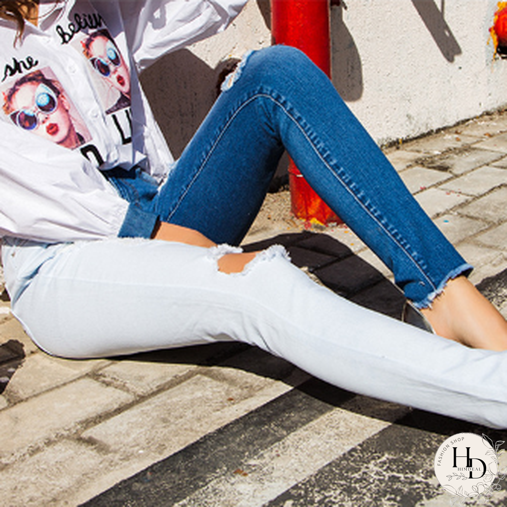 Fashion-Spring And Summer Hot Selling Small Leg Pants Broken Holes Stretch Slim Body Patchwork Color Pencil Pants Woman