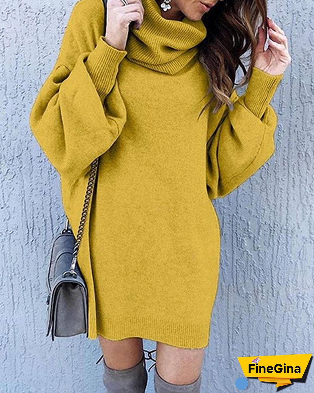 Casual Solid High Neck Loose Fit Lantern Sleeve Sweater Dress
