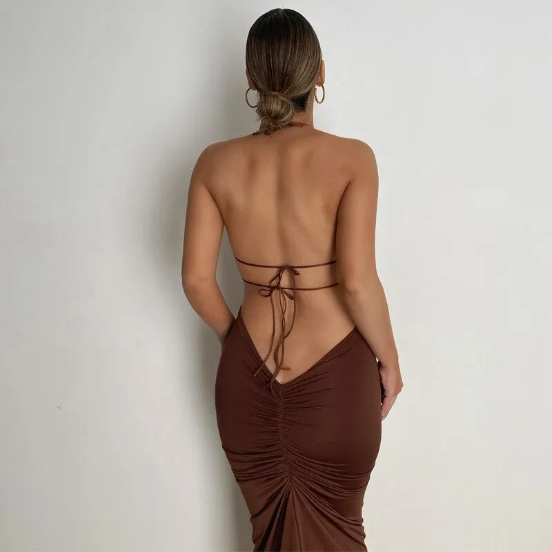 Women Dress Set Halter Crop Top And Split Midi Skirt Tie Up Summer Dress 2 Pieces One Suit Club Party Backless Outfit