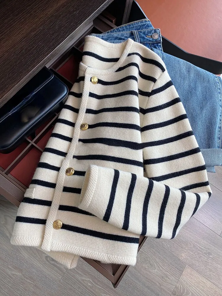 Nigikala Striped Cardigan Coat Women's Clothing O-neck Long Sleeve Sweet Knitted Korean Sweater Tops Pull Femme 2022 Ropa Mujer