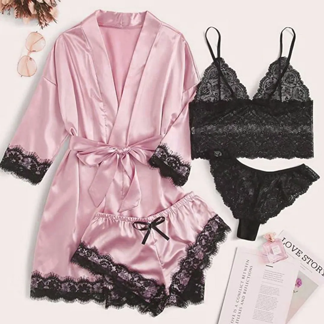 Churchf 2021 New Ladies Pajamas Four-Piece Sexy Sling Skirt Set Home Lace Pajamas Set