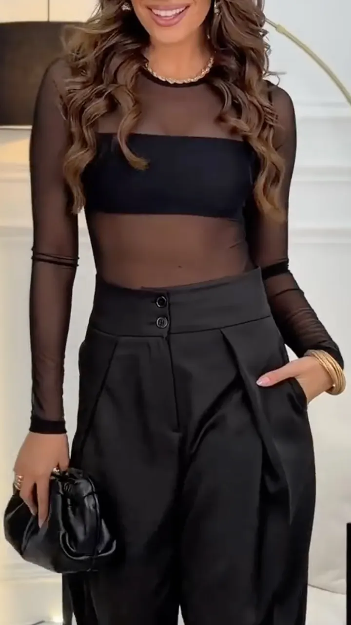 Black Sheer Mesh Long Sleeve Top & High Waist Tapered Pants Set