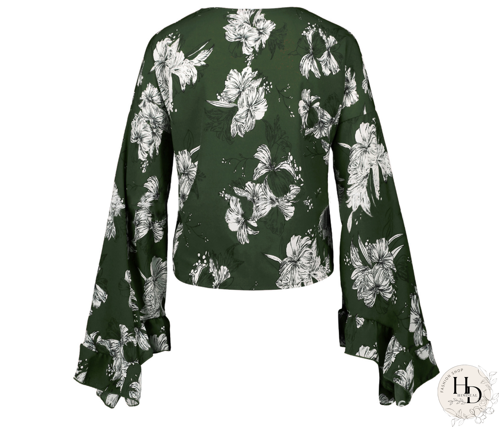 Long Sleeve Floral V-Neck Irregular Hem Top