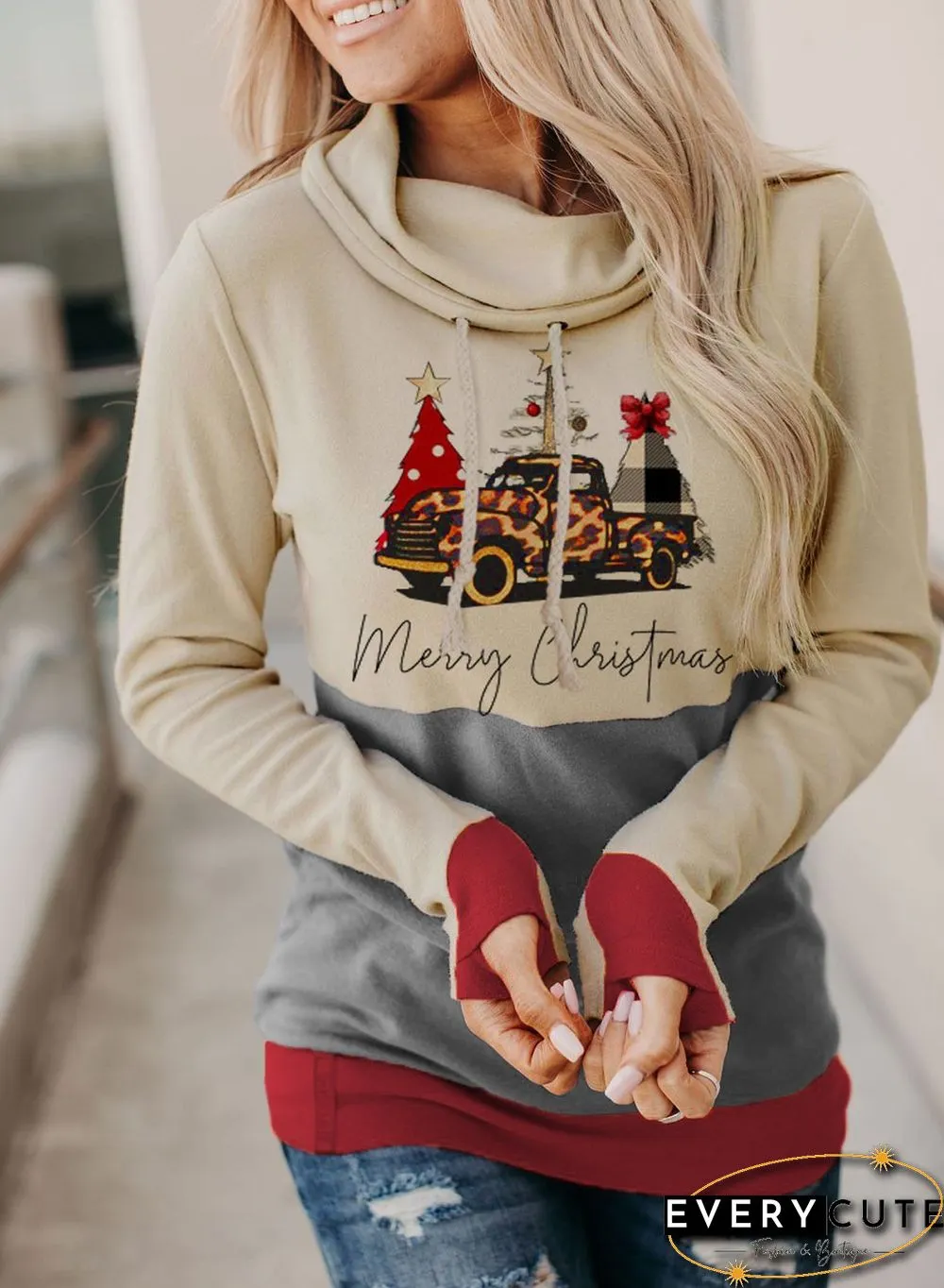 Pile Neck Printed Long Sleeve Top