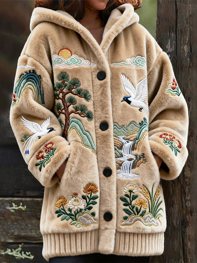 Japanese Floral And Bird Embroidery Design Women's Flannel Hooded Cardigan