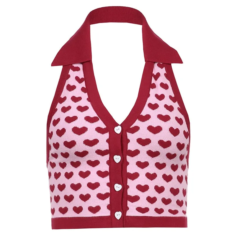 HEYounGIRL Halter Sleeveless Knitted Crop Top Women Sexy Backless Tank Top Autumn Print V Neck Vest Ladies Button Knitwear