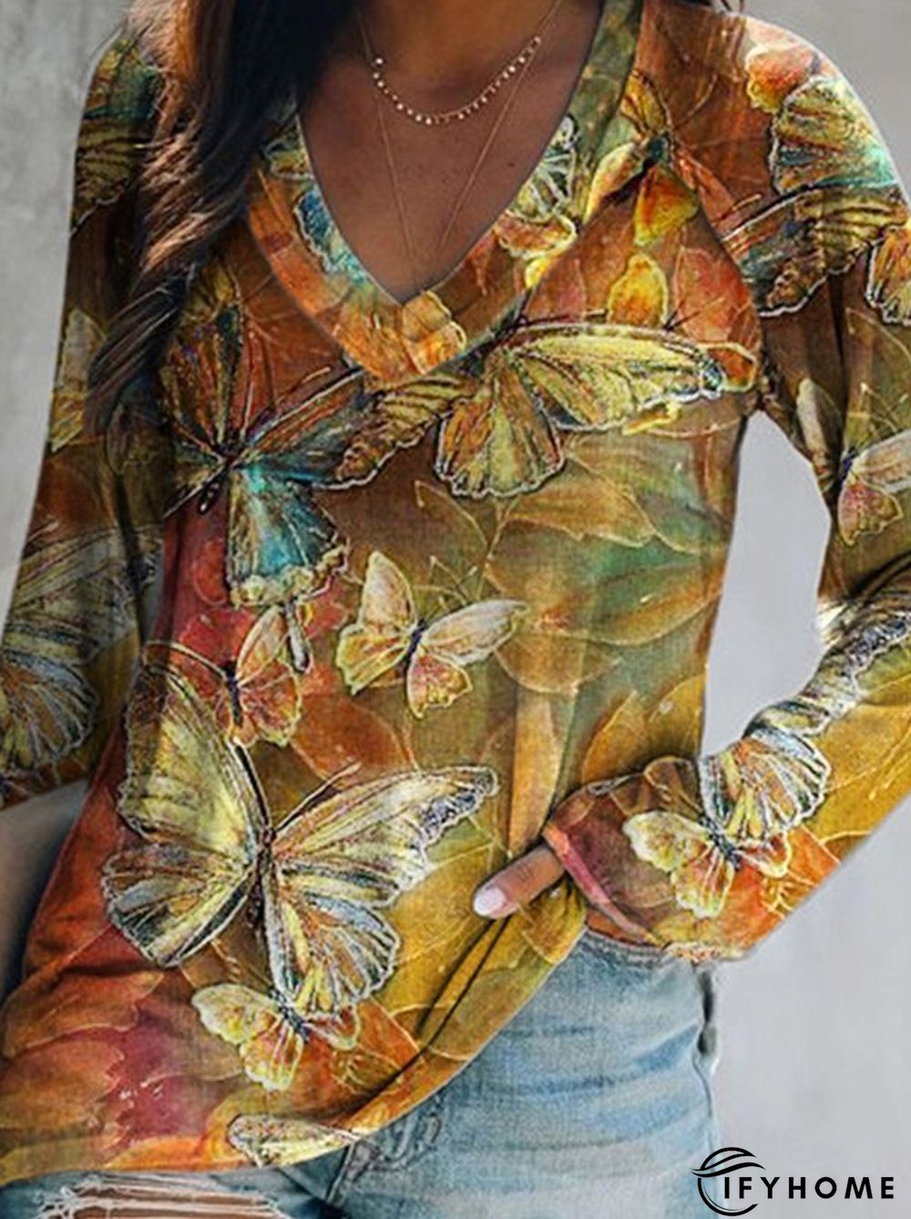 Butterfly Printed Casual Loosen V Neck T-shirt | IFYHOME