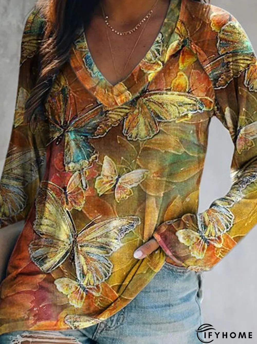 Butterfly Printed Casual Loosen V Neck T-shirt | IFYHOME