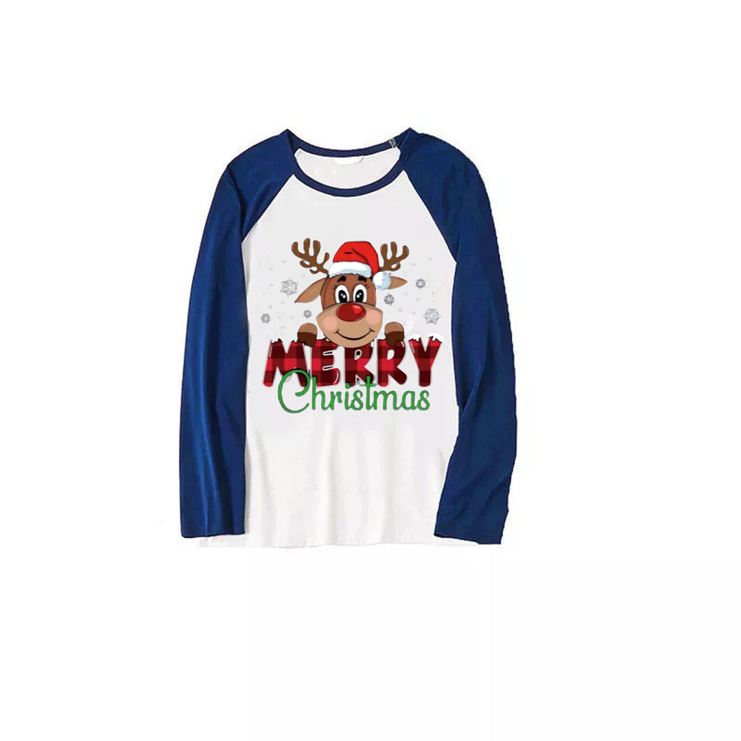 "Merry Christmas" Text and Deer Print Blue & Black Plaid Long Sleeve Christmas Family Matching Pajamas
