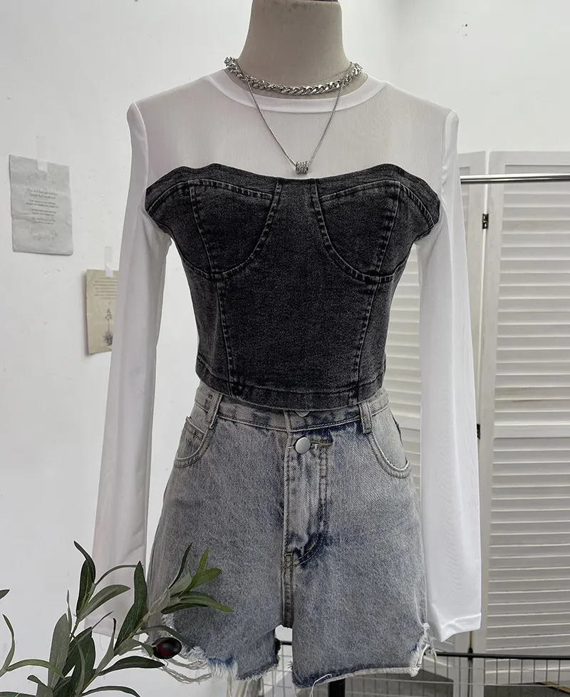 Churchf Fashion Fake Two Denim Splicing Mesh Long Sleeve Top Short Open Umbilion T-Shirt 2623
