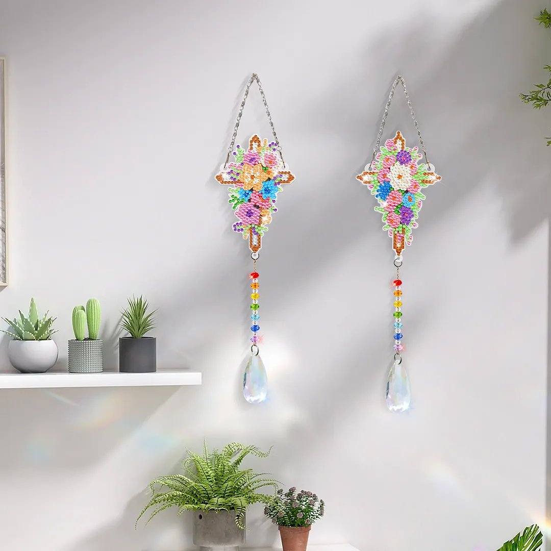 2Pcs Flower Cross DIY Acrylic Diamond Painting Art Wind Chimes with Crystal Pendant Diamond Art Hanging Pendant Double-Sided for Adults Beginners Gift Home Garden Decor