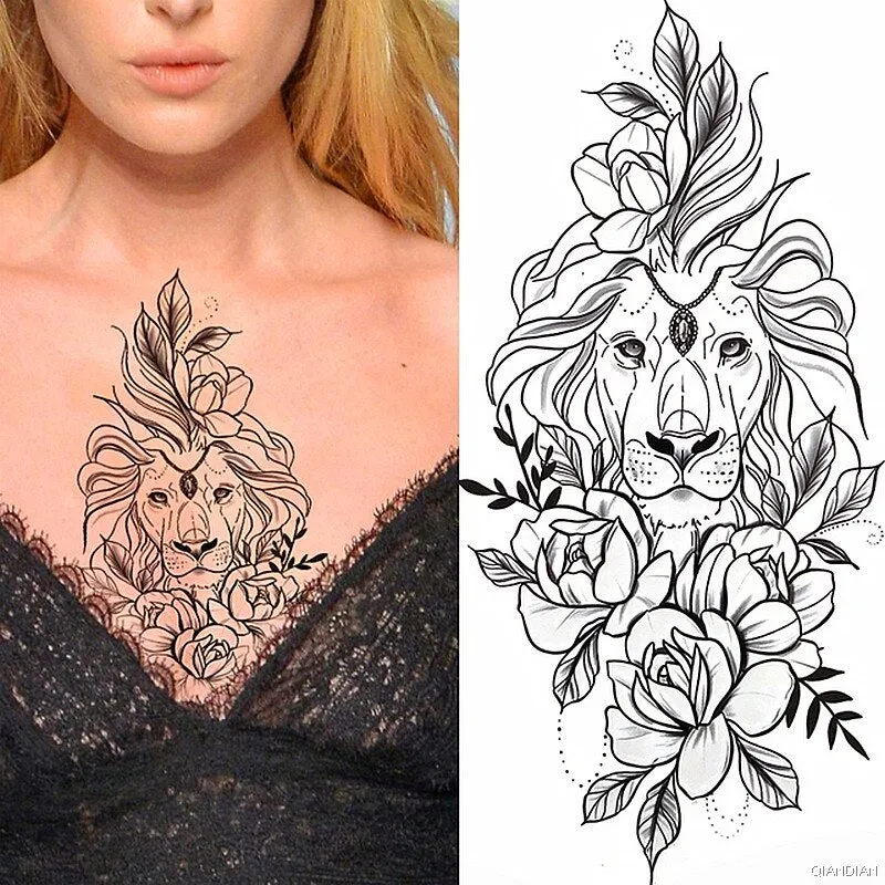 Black Sexy Flower Temporary Tattoos Sticker Arm Sleeve Rose Tree Skull Lion Bear Snake Henna Body Decorate Fake 3D Women Totem