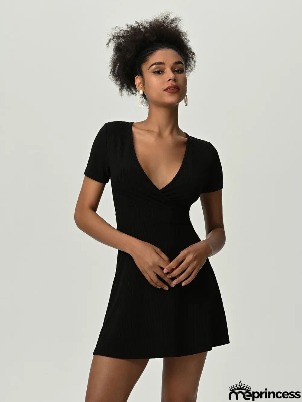 Deep V Short Sleeve Mini Dress
