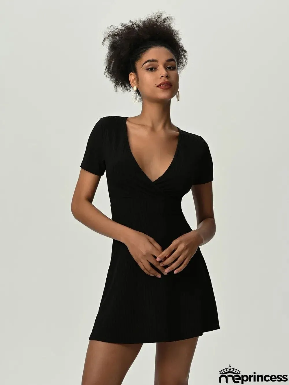 Deep V Short Sleeve Mini Dress
