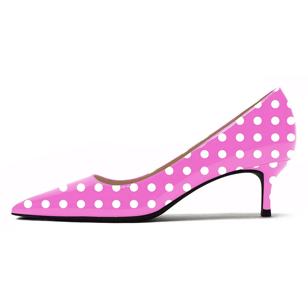 Polka Dot Patent Leather Pointed Toe Low Pumps Heels in Fuchsia