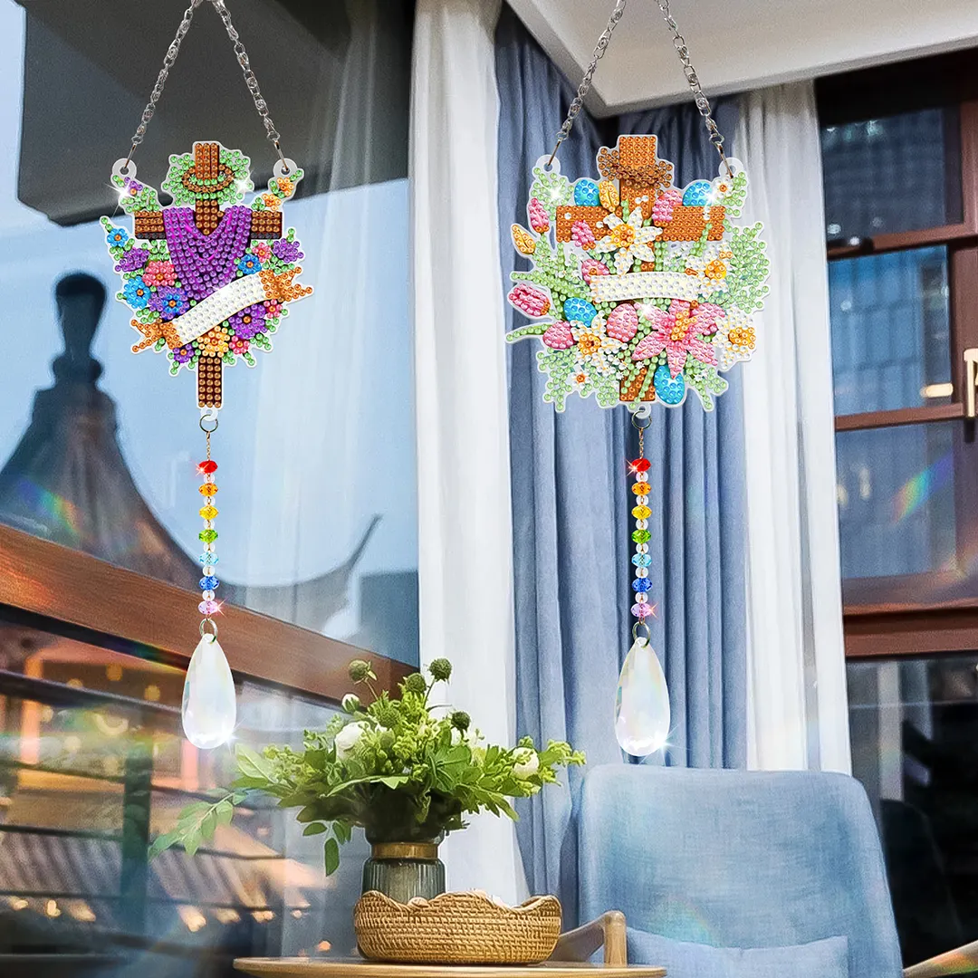 2Pcs Cross Faith DIY Acrylic Diamond Painting Art Wind Chimes with Crystal Pendant Diamond Art Hanging Pendant Double-Sided for Adults Beginners Gift Home Garden Decor