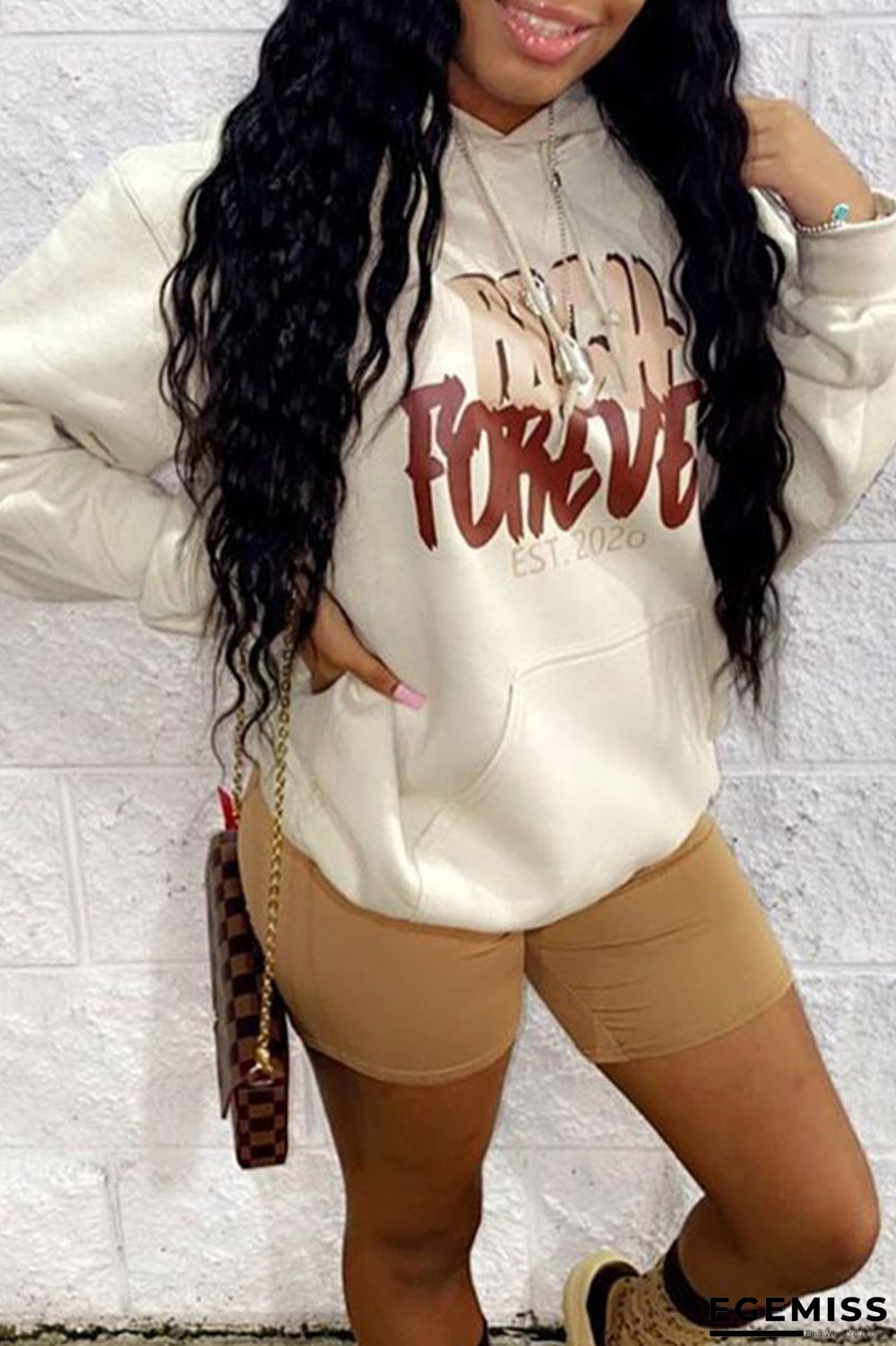 Beige Casual Print Patchwork Hooded Collar Tops | EGEMISS