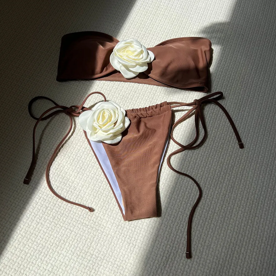 Uveng 2024 New Solid-Colored Rose Breast Drawstring Strap Split Swimsuit Bikini9150