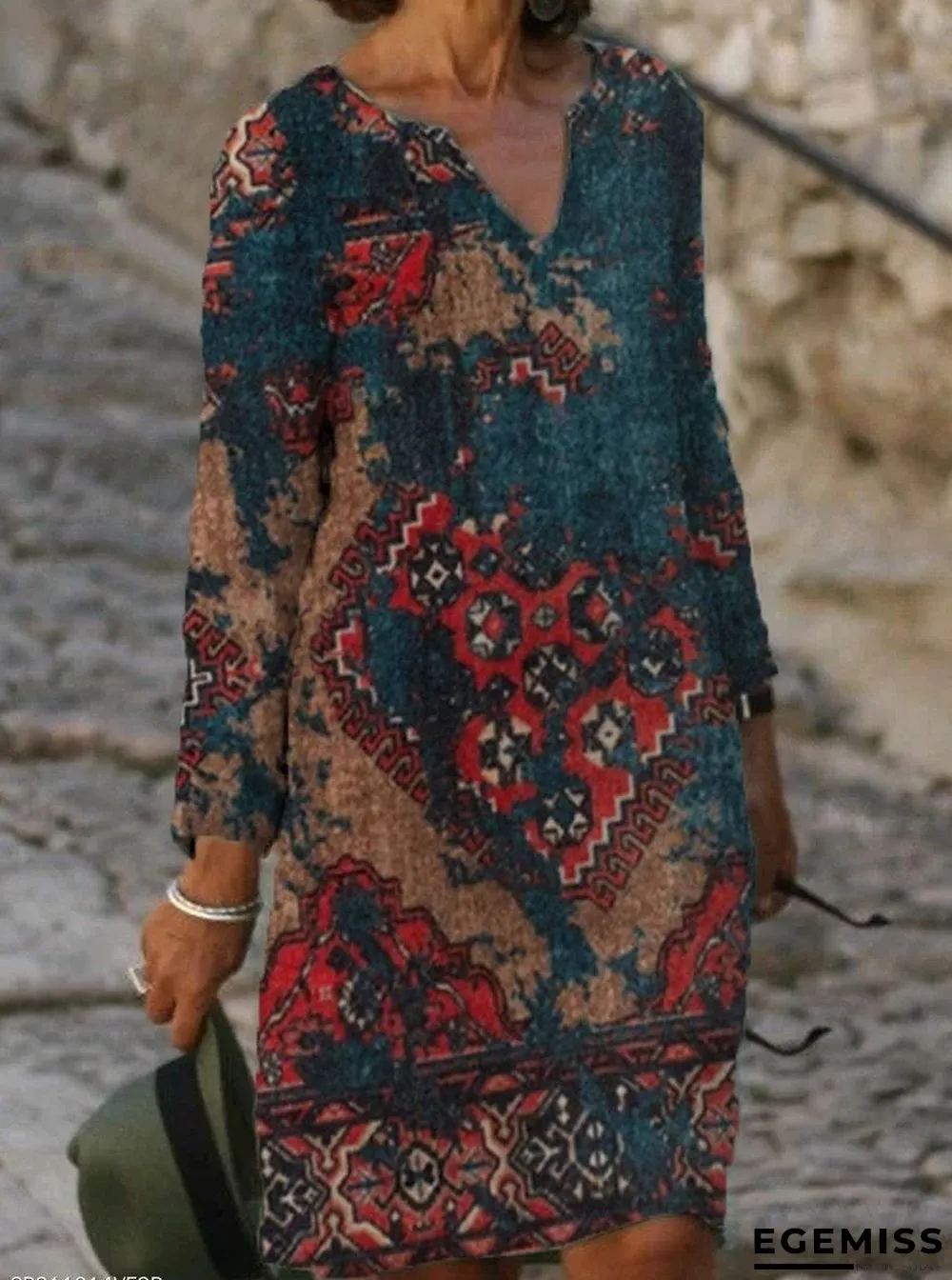 Casual Vintage Geo Print V-neck Long Sleeve Midi Dress Women | EGEMISS