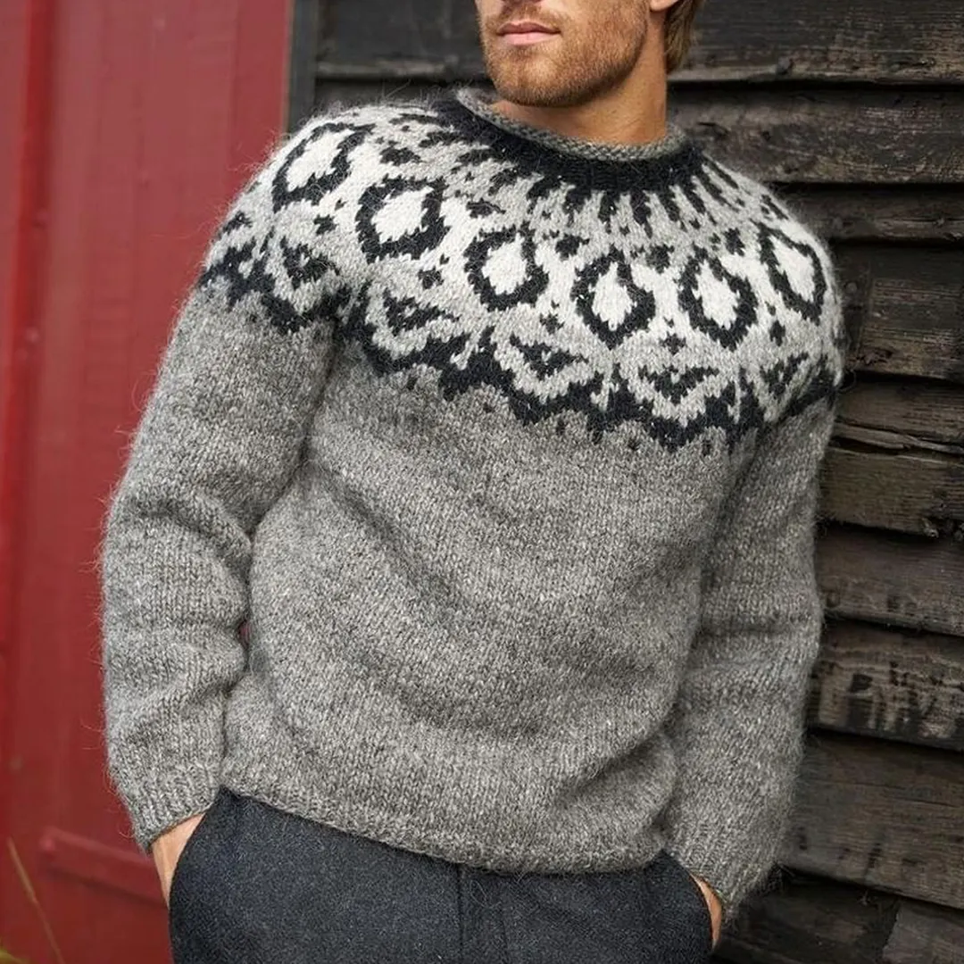 Retro Colorful  Jacquard Iceland Crew Neck Sweater
