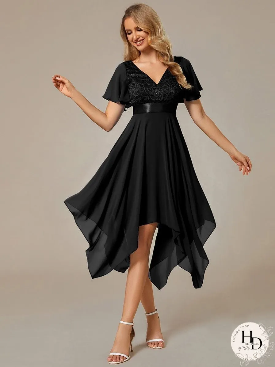 V-Neck Asymmetrical Dress with Short Sleeves